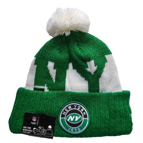 NWT New York Jets Large Initial Sports Knit Pom Beanie Fleece Lining OSFA Unisex - Picture 3 of 5